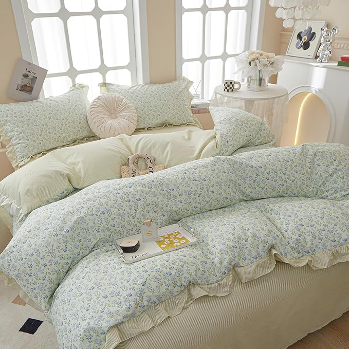 LifeTB Romantic Ruffle Duvet Cover Twin Garden Style Lace Duvet Cover Floral Pattern Blue Flower Comforter Cover Aesthetic Princess Lace Bedding Set 100% Cotton Floral Botanical Comforter Cover Twin
