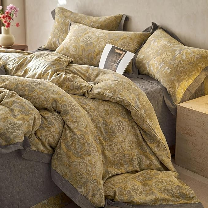 LifeTB Vintage Flower Duvet Cover King Yarn-Dyed Cotton Linen Textured Duvet Cover Jacquard Golden Floral Duvet Cover Bordered Garden Style Botanical Comforter Cover Chic Farmhouse Bedding Set King