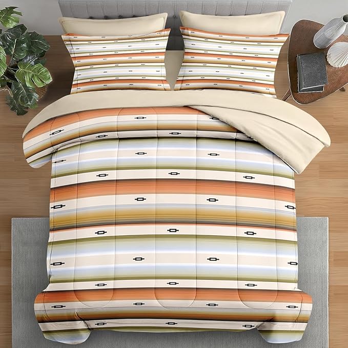 Comforter Set King Size, Geometric Tribal Striped 7 Pcs Bedding for Kids and Adults, Boho Modern Colorful Bed Sheet Sets with Fitted Sheet 2 Pillowcase & 2 Sham for Bedroom Bed Decor
