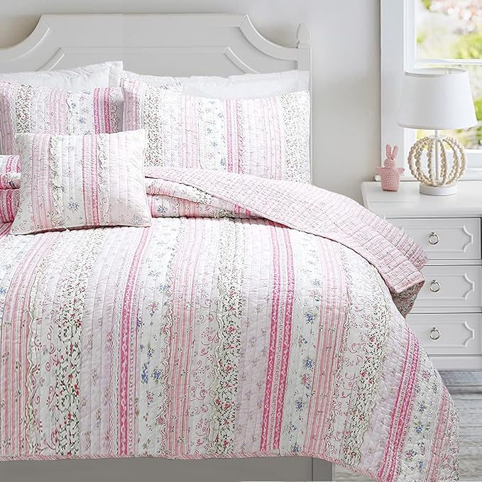 Cozy Line Home Fashions Shabby Chic Pink Flower Lace Ruffle Stripe 100% Cotton Reversible Quilt Bedding Set, Coverlet, Bedspread (Pink, Twin -3 Piece: 1 Quilt + 1 Sham + 1 Décor Pillow)