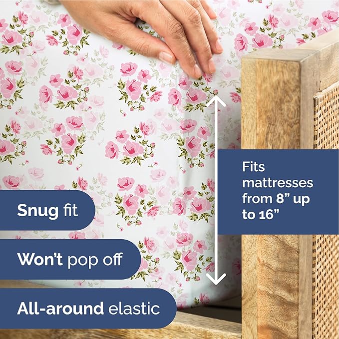 Floral Sheets - Pink Floral Bed Sheet Set - 1 Flat, 1 Fitted & 1 Pillowcase w/ Deep Pockets - Comfy, Wrinkle & Fade Free - Boho Botanical Bedding - Ultra-Soft, Breathable & Cooling - Twin XL Size Set