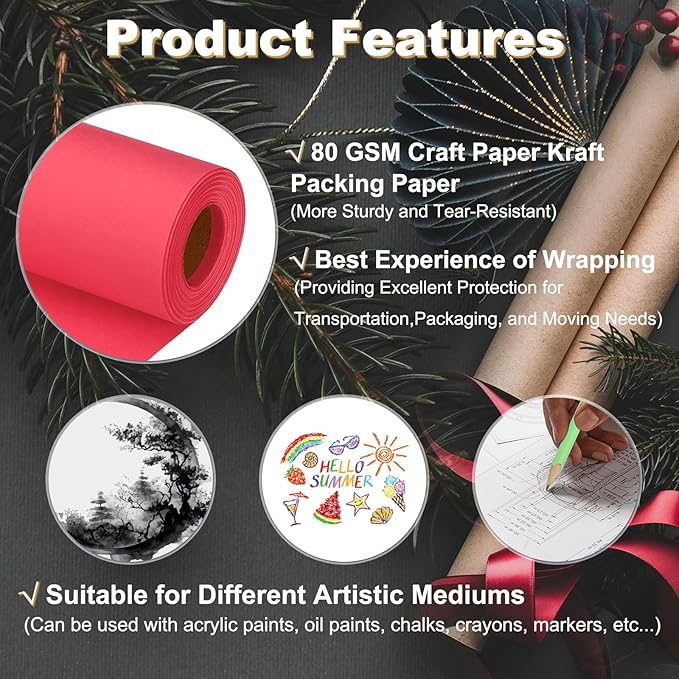 PATIKIL Wrapping Paper, 12"x400"(33') Bulletin Board Paper Roll Kraft Paper Roll Construction 80GSM for Shipping Packing Gift Wrapping Craft Flower Bouquet Christmas, Red