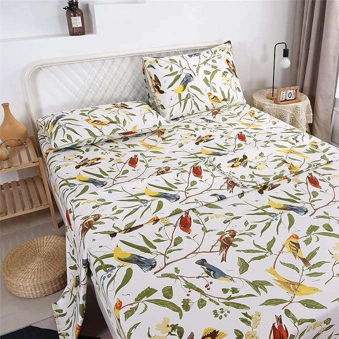 RYNGHIPY Farmhouse Flowers Print Bed Sheet Collection Set Botanical Floral Sheets with Pillowcases (White Green,King Size)