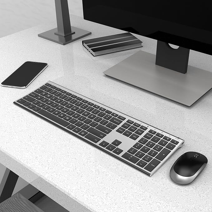 Wireless Keyboard and Mouse, Vssoplor Rechargeable Quiet Full-Size Keyboard and Mouse Combo Set Ultra Slim Design for Laptop, PC, Notebook, Desktop-Dark Gray