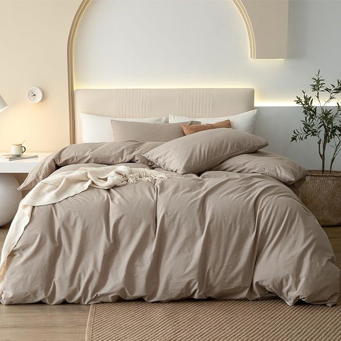 JIYUAN 100% Washed Cotton Duvet Cover Set 3 Pieces King, 1 Duvet Cover 104x90 Inches(Comforter Not Included) and 2 Pillowcases,Linen Feel Bedding Set Comfy and Breathable, Heathered Warm Taupe