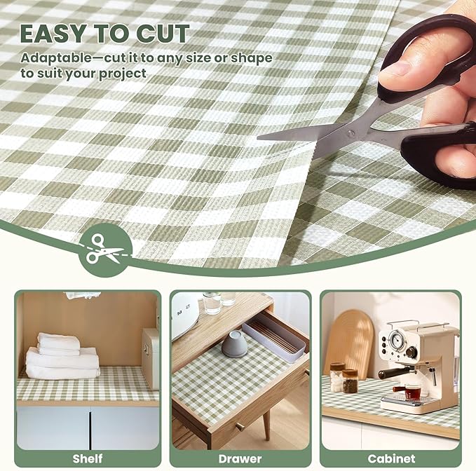 Drawer Liner and Shelf Liner for Kitchen Cabinet Liner Non-Adhesive Non-Slip Shelf Paper, Thick Strong Grip Waterproof Easy to Clean for Shelves, Cupboard, Desks, Green Plaid Pattern, 17.5 in x 10 FT