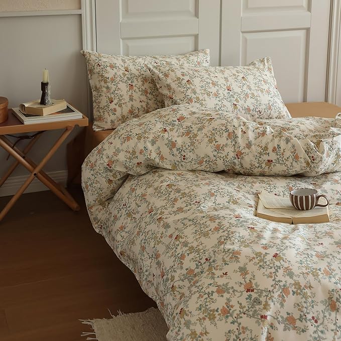 EAVD Vintage Botanical Floral Duvet Cover Queen - Soft Cotton Chic Shabby Garden Bedding Set With 2 Pillowcases, Fresh Reversible Comforter Cover With Zipper Closure