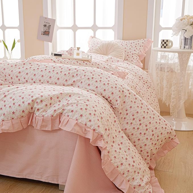 LifeTB Ruffle Duvet Cover Twin Cute Pink Red Flower Duvet Cover 100% Cotton Girls Floral Bedding Cover Reversible Pink Striped Ruffle Comforter Cover Romantic Princess Lace Bedding Set for Teen Girls