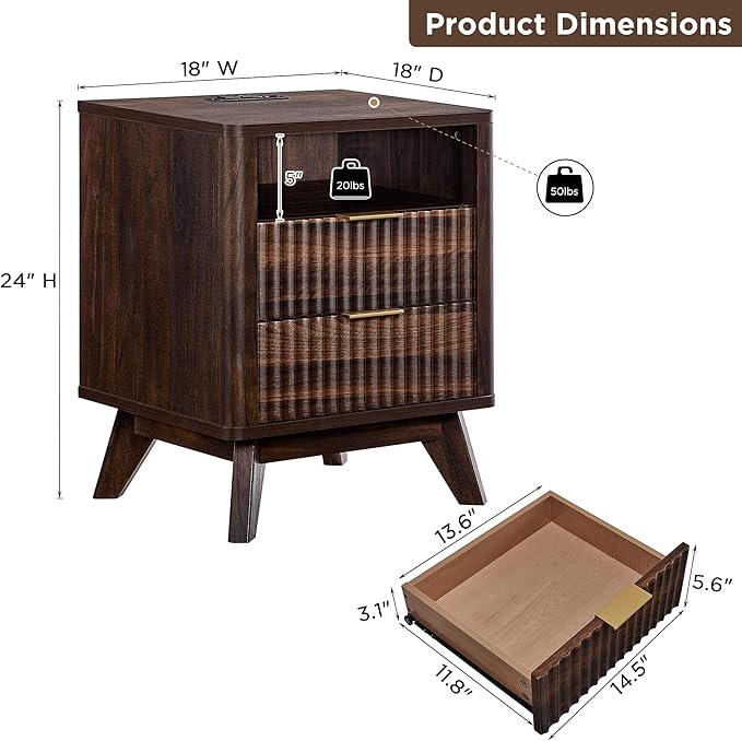 T4TREAM Fluted Nightstand Set of 2 with Charging Station, 18" Modern Side Table, 2 Drawers End Table with Storage, Bedside for Bedroom, Living Room, Curved Profile Design, Dark Walnut