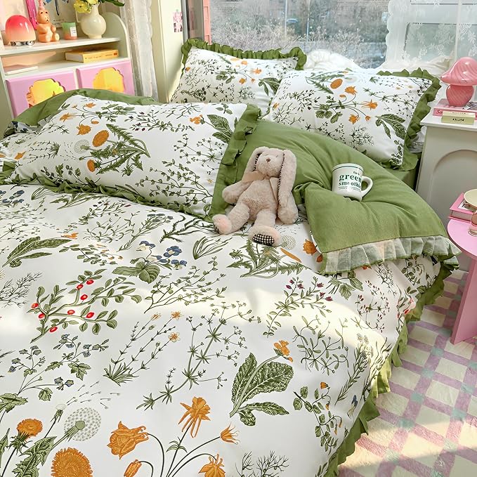 LifeTB Green Floral Comforter Set King Romantic Ruffle Comforter Vintage Botanical Flowers Comforter with 2 Pillowcases Boho Floral Lace Coquette Bedding Fluffy Comfy Farmhouse King Bed Comforter Set