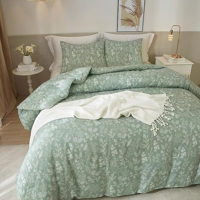 EAVD Garden Style Sage Green Floral Duvet Cover Twin XL Soft Cotton Chic Shabby Small Floral Bedding Set with 2 Pillowcases Fresh Reversible Botanical Duvet Cover with Zipper Closure