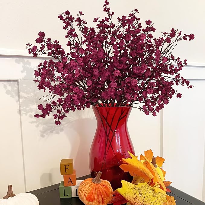Yastouay Fake Fall Flowers Real Touch Silk Flowers, 5Pcs Fall Burgundy Artificial Flowers for Decorations, Babys Breath Artificial Flowers Bulk for Thanksgiving Fall Decor Floral Arrangement