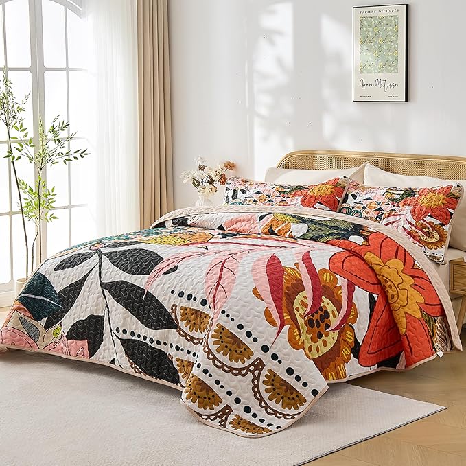 Quilt Set Full/Queen Size, Boho Floral 3 Pcs Soft Bed Cover Bedding Set, Mid Century Flowers Lightweight Bedspread Coverlet with 2 Pillow Sham for All Season