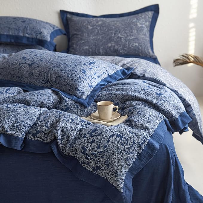 Navy Blue Duvet Cover Twin XL Vintage Boho Paisley Duvet Cover Exquisite Jacquard Bedding Set Cotton Linen Yarn-Dyed Textured Duvet Cover Cozy Breathable Floral Boho Bedding Comforter Cover Twin XL