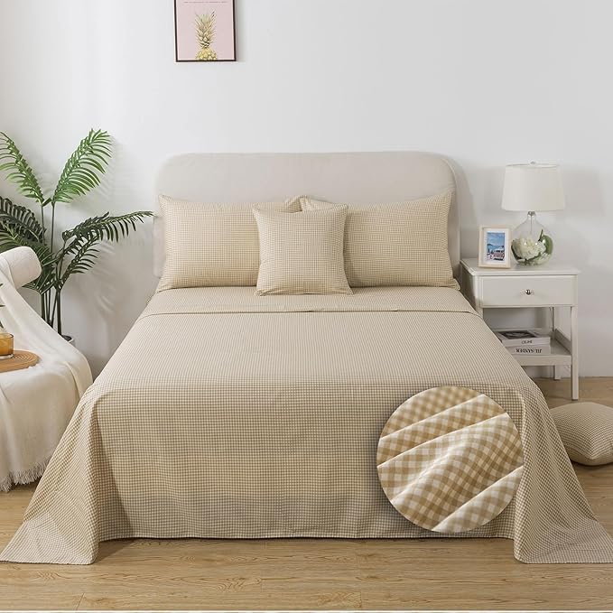 FADFAY Brown Plaid Full Size Sheets 100% Cotton Geometric Checker Bedding Teens Grid White Gingham Pattern College Bedding Deep Pocket Sheets with 2 Pillowcases Ultra Soft 4pcs, Full Size