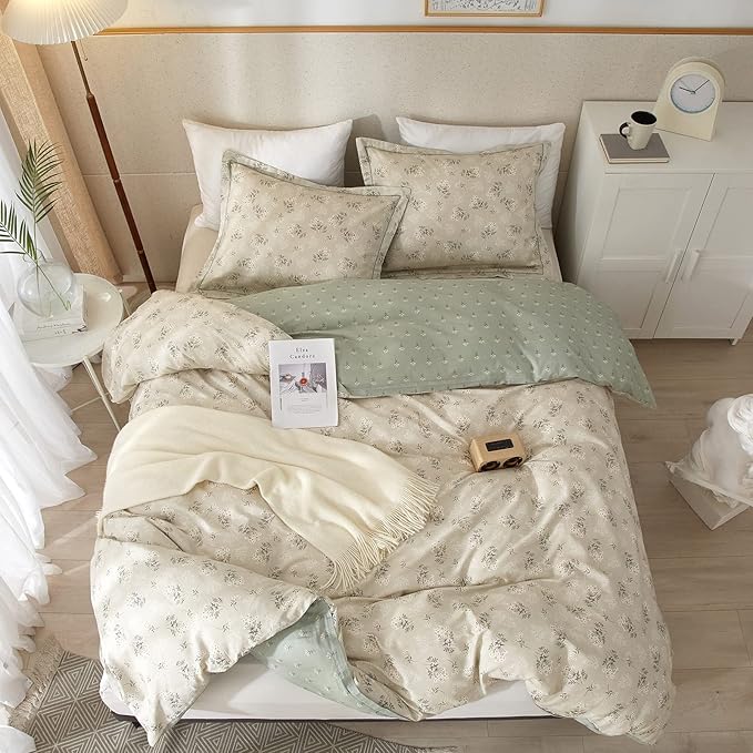 EAVD Boho Floral Duvet Cover Full Soft Cotton Garden Beige Floral Bedding Sets Full Aesthetic with 2 Pillowcases Chic Shabby Botanical Duvet Cover with Zipper Closure