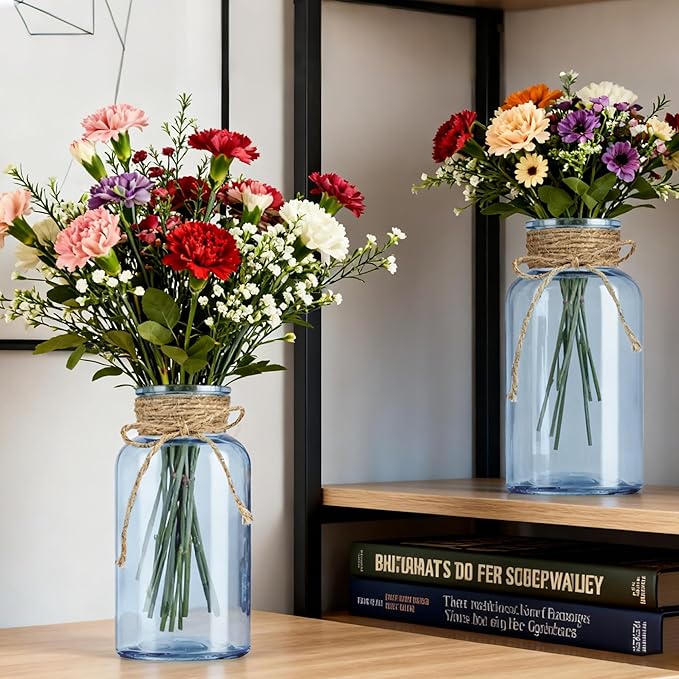 Vintage Glass Flower Vase，3 Pack Farmhouse Blue Glass Centerpiece Vases Mason Jars for Weddings, Parties & Home Decor Bulk (3, Blue)