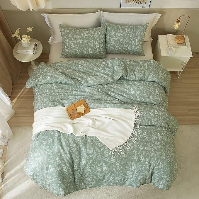 HighBuy Full Size Comforter Set for Girls Cozy Soft Sage Green Full Bedding Comforter Floral Boho Comforter Set 3 Piece Kids Girls Bedding Fluffy Comforter Lightweight with 2 Pillowcases