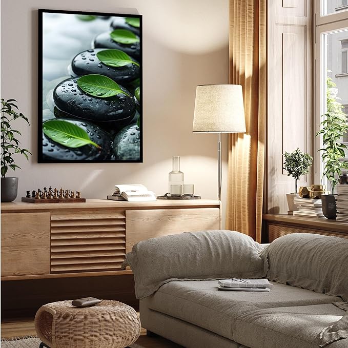 Glittering black stone cluster with fresh green leaves and water drops poster tranquil mist rain wall art zen wall art suitable for modern minimalist home decor 16x24in Metal blackFramed