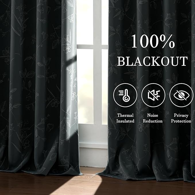 ChrisDowa Grey 100% Blackout Floral Curtains 63 Inches Long 2 Panels for Bedroom Living Room White Flower Patterned Room Darkening Thermal Insulated Soundproof Grommet Window Treatments Drapes,52X63