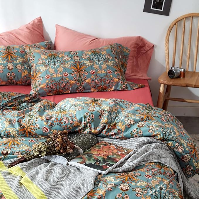 LifeTB Vintage Floral Bohemia Duvet Cover Twin XL Boho Floral Bedding Set Luxury Soft Long Staple Cotton Comforter Cover Vibrant Flower Pattern Duvet Cover with Zipper Closure Farmhouse Bedding Set