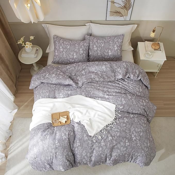 EAVD Vintage Style Garden Grey Floral Duvet Cover Queen Soft Cotton Chic Shabby Floral Bedding Set with 2 Pillowcases Fresh Reversible Botanical Duvet Cover with Zipper Closure