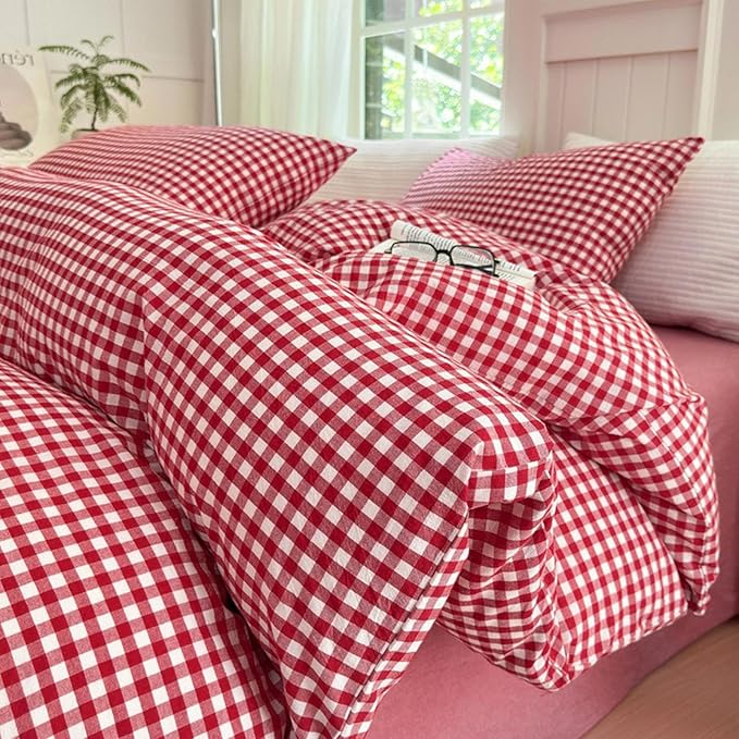 LifeTB Red Gingham Comforter Set Full Modern Style Red Plaid Comforter Set 3 Pieces Soft Fluffy Grid Checkered Pattern Comforter with 2 Pillowcases Vintage Luxury Soft Gingham Bedding Comforter Full