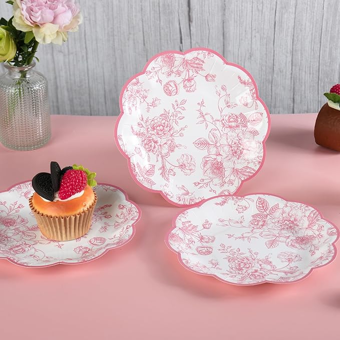 Pink Floral Party Plates Vintage Floral Leaf Disposable Paper Plates Wildflower Pink Toile 7" Scalloped Rim Dessert Plates for Valentines Birthday Bridal Tea Party Supplies (24)