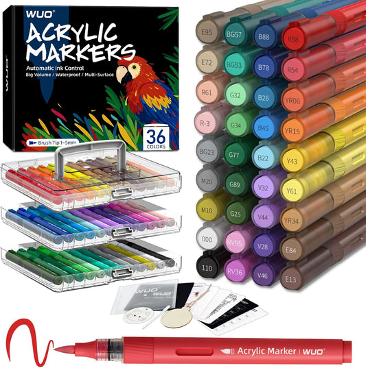 WUO Acrylic Paint Markers - 36 Colors, Water-Based, No-Bleed Brush Tip for Multi-Surface DIY Art