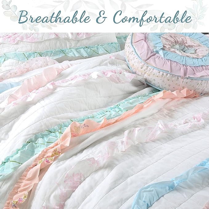 Cozy Line Home Fashions 100% Cotton Chic Ruffle Light Lavender Orchid Blue Flower Print Stripe Bedding Quilt Set, Reversible Coverlet, Bedspread (Chic Ruffle, Queen + Décor Pillows)