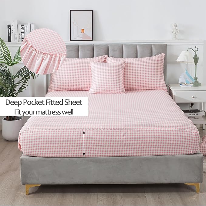 FADFAY Pink Plaid Full Size Sheets 100% Cotton Geometric Checker Bedding Teens Grid White Gingham Pattern College Bedding Deep Pocket Sheets with 2 Pillowcases Ultra Soft 4pcs, Full Size