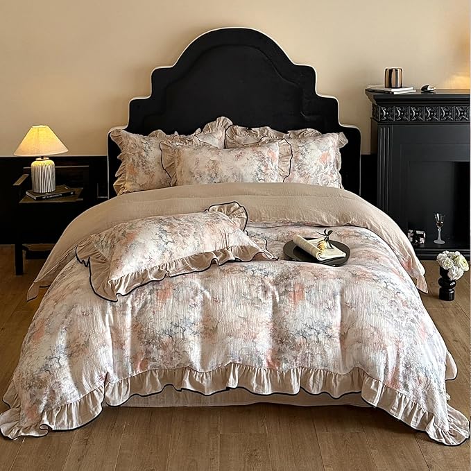 HighBuy Girl Linen Duvet Cover Set Twin XL Beige Ruffle Design,Vintage Floral Yarn Dyed Ruffled Bedding Set Natural French Breathable Farmhouse Bedding - 1 Twin XL Duvet Cover 2 Pillowcases