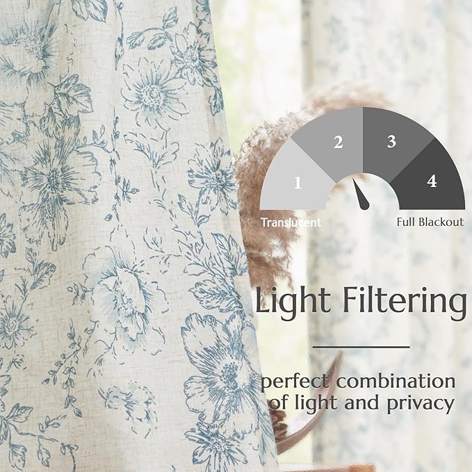jinchan Linen Floral Curtains 100 Inch Extra Wide for Patio Sliding Glass Door Room Divider Curtain for Living Room 84 Inch Length Farmhouse Peony Blue Printed Curtain Set 1 Panel