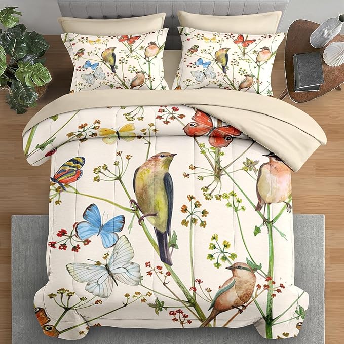 Comforter Set King Size, Vintage Birds Butterfly Colorful 7 Pcs Bedding for Kids and Adults, Floral Spring Beige Bed Sheet Sets with Fitted Sheet 2 Pillowcase & 2 Sham for Bedroom Bed Decor