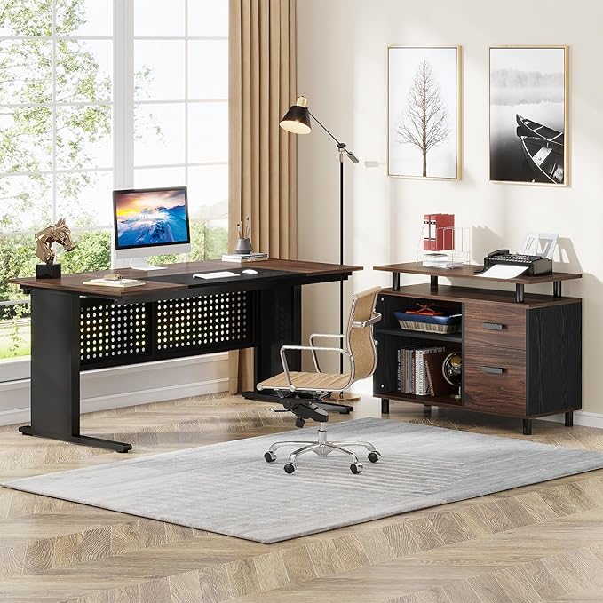 Tribesigns 63 Inch Executive Desk with File Cabinet, Large Office Desk L Shaped Computer Desk with Drawers and Storage Shelves, Business Furniture Desk for Home Office, Dark Walnut and Black