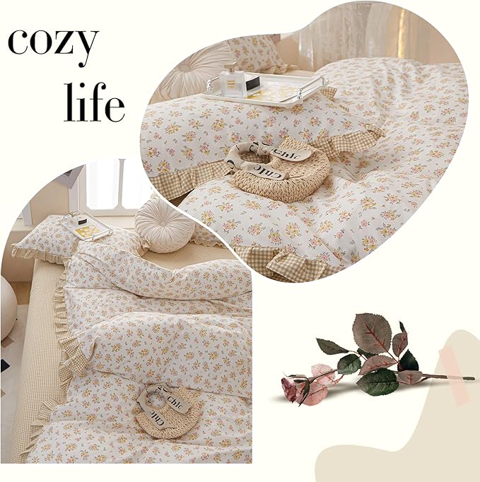 Girls Ruffle Duvet Cover Queen Chic Floral Princess Lace Comforter Cover Soft Breathable 100% Cotton Flower Bedding Set Vintage Botanical Duvet Cover Romantic Ruffle Comforter Cover with 2 Pillowcases