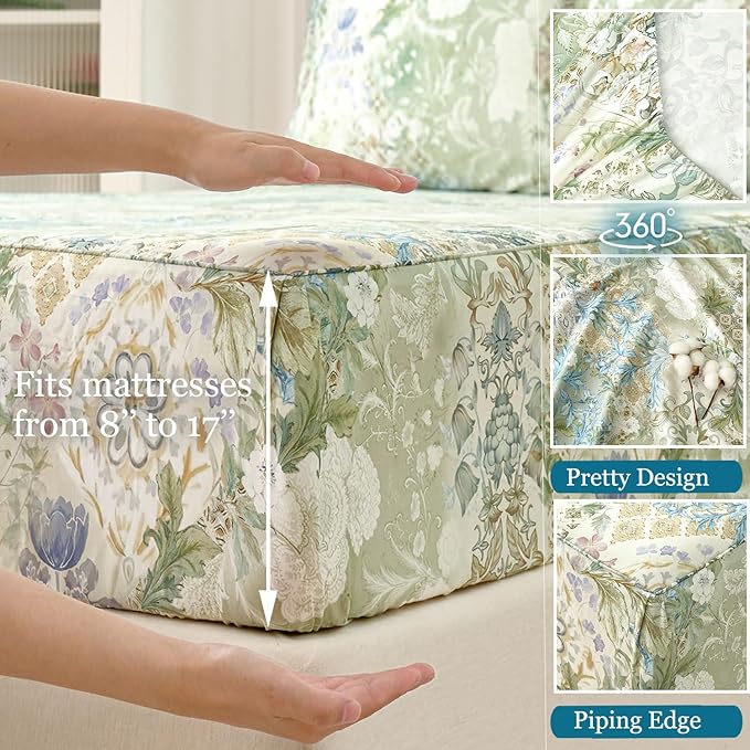 Zusbest Queen Sheet Set Luxury Sage Green Floral Bed Sheets 100% Cotton, Satin Weave Soft Silky Breathable for Hot Sleepers American Country Style Vintage Flower Deep Pocket 17.5‘’ Bed Set 4Pcs