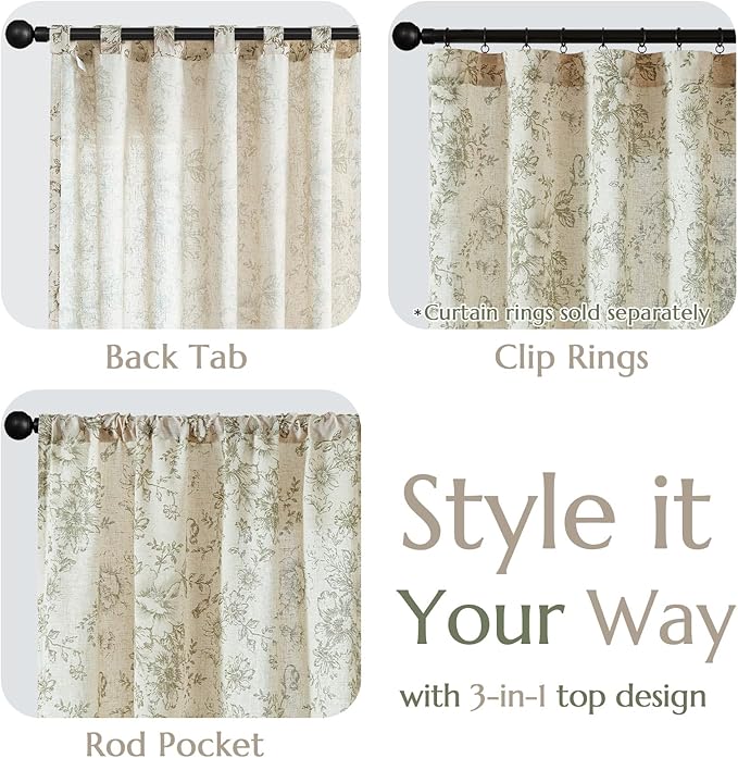 jinachan Linen Blend Floral Curtains for Living Room 45 Inch Length Christmas Sage Green Printed Curtain Rod Pocket Back Tab Farmhouse Peony Flower Patterned Drapes Bedroom Curtains Set 2 Panels