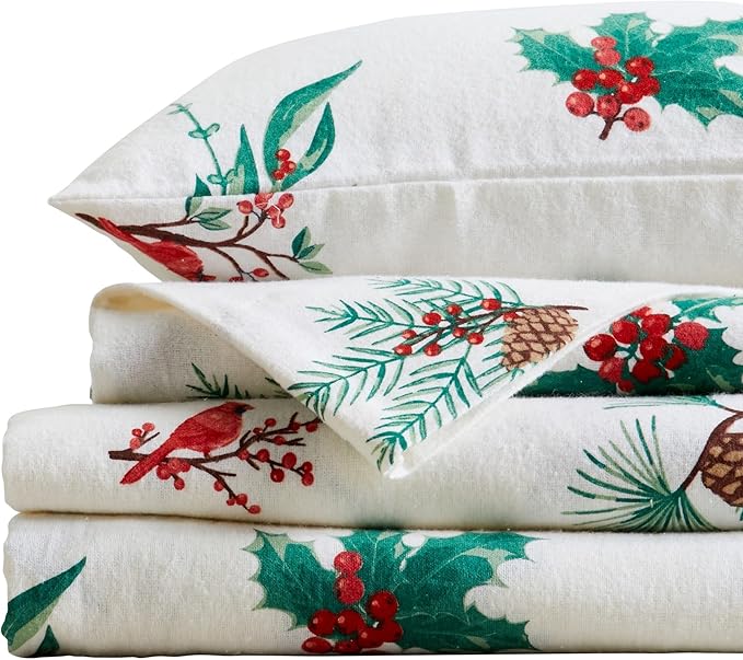 Market & Place 100% Cotton Twin Flannel Sheet Set | 3 Piece Deep Pocket Novelty Cozy Winter Bed Sheets | Double Brushed for Extra Softness & Comfort | Alpine Collection (Twin, Cardinal & Pine)