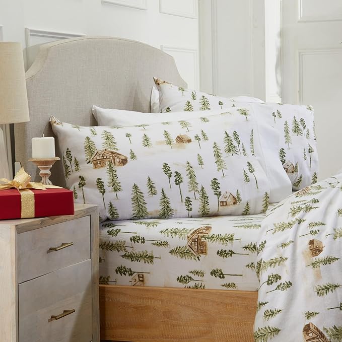 Market & Place 100% Cotton King Flannel Sheet Set | 4 Piece Deep Pocket Novelty Cozy Winter Bed Sheets | Double Brushed for Extra Softness & Comfort | Alpine Collection (King, Watercolor Forest)