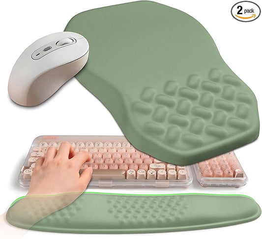2-in-1 Ergonomic Set, Wave Keyboard Wrist Rest and Massage Slope Mouse Pad Wrist Support, Rebound Memory Foam for Relieve Carpal Tunnel Syndrome and Wrist Pain (Olive Green)