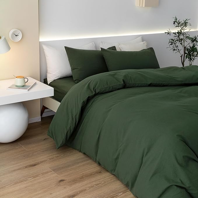 JIYUAN 100% Washed Cotton Duvet Cover Set 3 Pieces Oversized Queen, 1 Duvet Cover 98x98 Inches(Comforter Not Included) and 2 Pillowcases,Linen Feel Bedding Set Comfy and Breathable,Forest Green