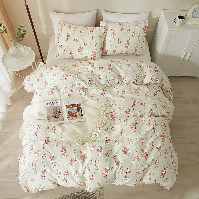 Boho Floral Duvet Cover Queen Soft Cotton Pink Floral Bedding Set Chic Garden Style Cute Flower Pattern Duvet Cover Vintage Floral Botanical Comforter Cover 1 Queen Duvet Cover with 2 Pillowcases