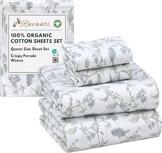 RUVANTI 100% Organic Cotton Sheets Queen Size, Percale Weave, GOTS Certified, 4-Piece Set, Deep Pocket 15", Crisp & Breathable, Soft Durable Bedding, Sábanas Algodón Orgánico – Vine Yard