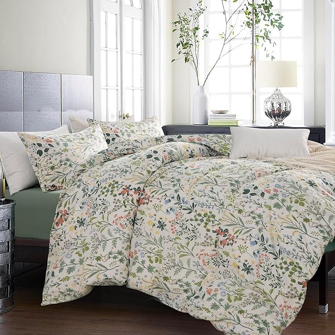 Vintage Botanical Floral Comforter Set Full Size Aesthetic Cute Flowers Comforter Fluffy Soft Boho Garden Floral Bedding Comforter with 2 Pillowcases Girls Cottagecore Comforter Set for All Seasons