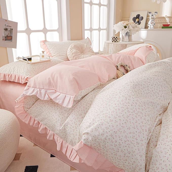 EAVD Pink Floral Duvet Cover King Soft 100% Cotton Chic Romantic Ruffled Floral Bedding Set with 2 Pillowcases Vintage Style Botanical Floral Comforter Cover with Zipper Closure