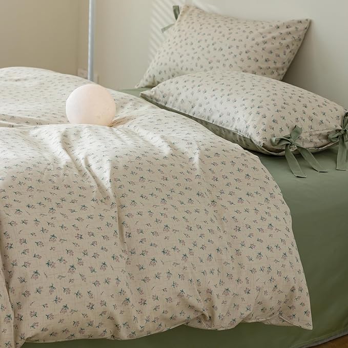 VM VOUGEMARKET Green Flower Comforter Set Twin,Vintage Floral Comforter with 2 Bow Ties Pillowcases Botanical Bedding Comforter Set for Girls Women(3pcs,Twin XL)