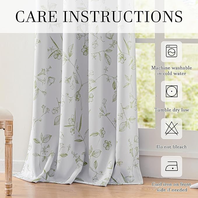 ChrisDowa 100% Blackout Floral Curtains 63 Inches Long 2 Panels for Bedroom Living Room Sage Green Flower Patterned Room Darkening Thermal Insulated Soundproof Grommet Window Treatments Drapes,52X63