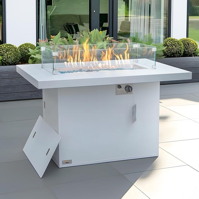 NICESOUL Aluminum Outdoor Propane Fire Pit Table, 60,000 BTU Rectangle Natural Gas Firepits, Rust-Proof All-Weather Fire Table with Wind Guard & Glass Rocks for Patio Outside CSA-Certified, White