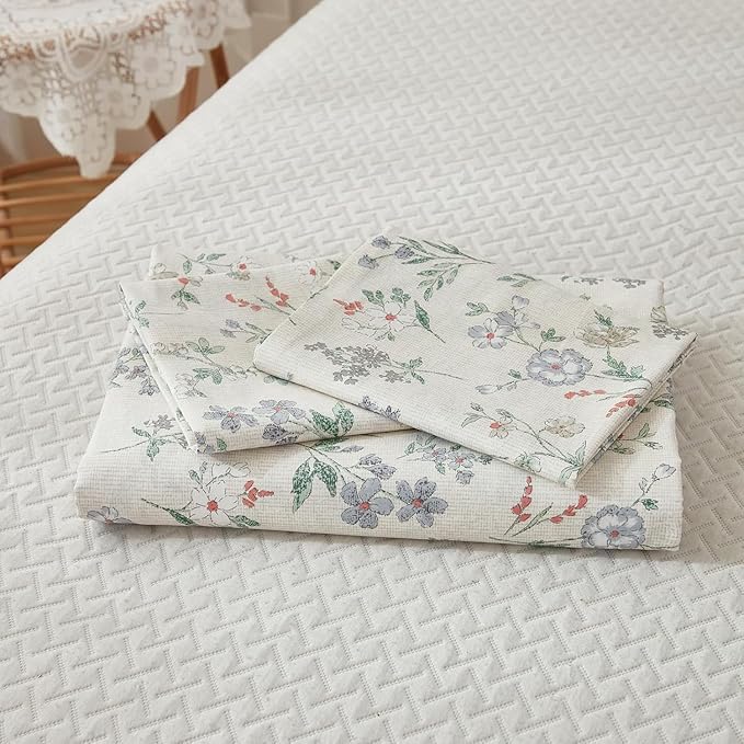 EAVD Vintage Garden Floral Duvet Cover King Soft 100% Cotton Chic Spring Leaves Floral Bedding Set with 2 Pillowcases Fresh Reversible Botanical Comforter Cover with Zipper Closure